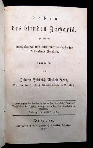Krug, Johann Friedr. Adolph Leben des blinden Zachariä 1827 blind Blindenschule