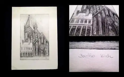 Radierung von Behr über die St. Marienkirche in Barth (bei Stralsund) 1986 Kunst
