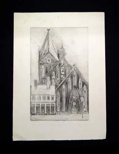 Radierung von Behr über die St. Marienkirche in Barth (bei Stralsund) 1986 Kunst