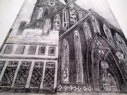 Radierung von Behr über die St. Marienkirche in Barth (bei Stralsund) 1986 Kunst