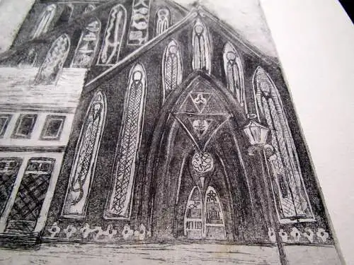 Radierung von Behr über die St. Marienkirche in Barth (bei Stralsund) 1986 Kunst