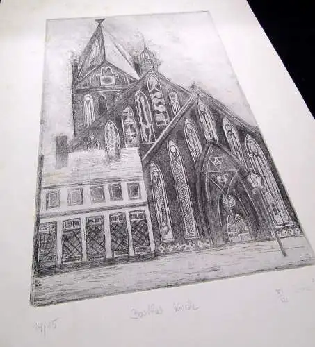 Radierung von Behr über die St. Marienkirche in Barth (bei Stralsund) 1986 Kunst