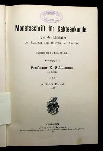 Schumann Arendt Monatsschrift für Kakteenkunde 1898 Achter Band Botanik