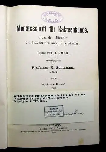 Schumann Arendt Monatsschrift für Kakteenkunde 1898 Achter Band Botanik