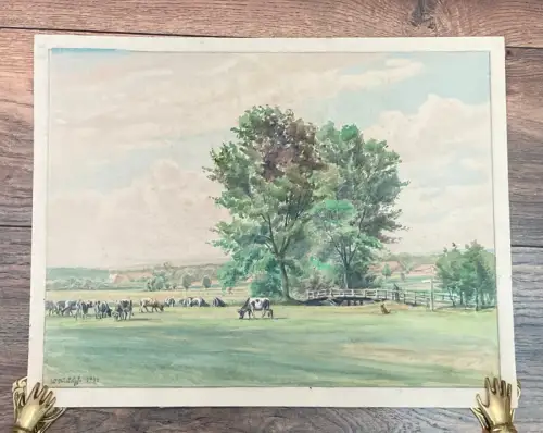 Rudolph, Wilhelm Weidelandschaft mit Kühen 1946 unten links signiert Aquarell
