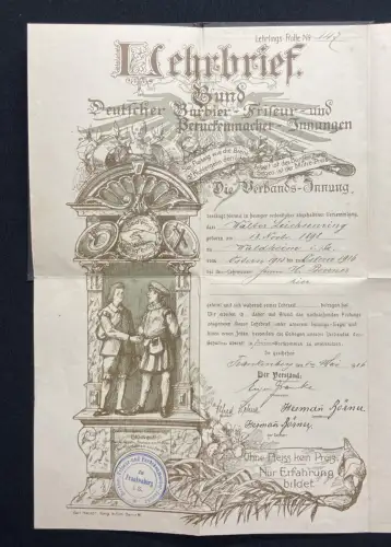 Innung des Barbier-, Friseur- und Perückeninnung Urkundendruck m. Unterschriften