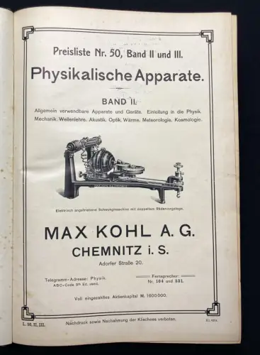 Kohl Max A. G. Preisliste Nr. 50, Band II und III. Physikalische Apparate 1907