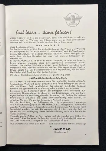 Hanomag Betriebsanleitung für den Hanomag- Radschlepper Typ R18 1956 Or.Ausgabe
