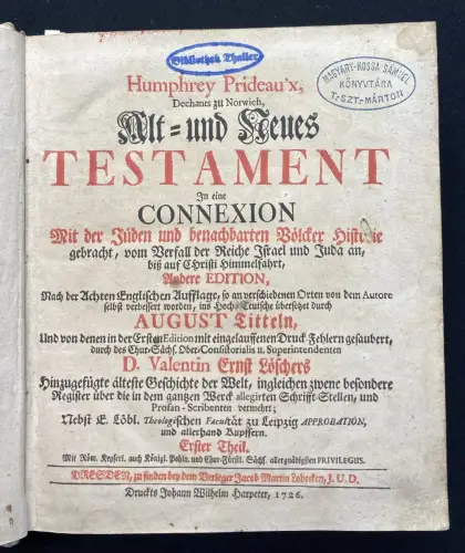 Humphrey Alt- und Neues Testament Teil 1(von 2) älteste Geschichte der Welt 1726