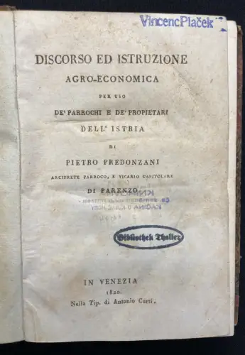 Predonzani, Pietro Discorso Ed Istruzione Agro- Economica 1820 -Landwirtschaft