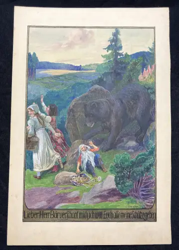 Schreyer, Oskar Schneeweißchen und Rosenrot, Märchen Aquarell um 1900 Grimm