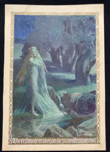 Schreyer, Oskar Die Gänsehirtin am Brunnen No.3 Märchen Aquarell um 1900 Grimm