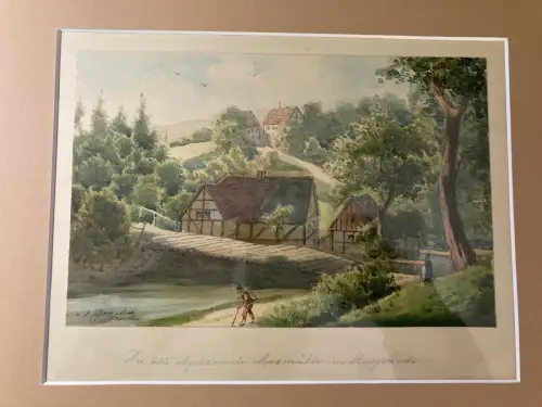 Schmelzer Aquarell über Feder" Die abgebrannte Meixmühle im Meixgrunde" um 1870