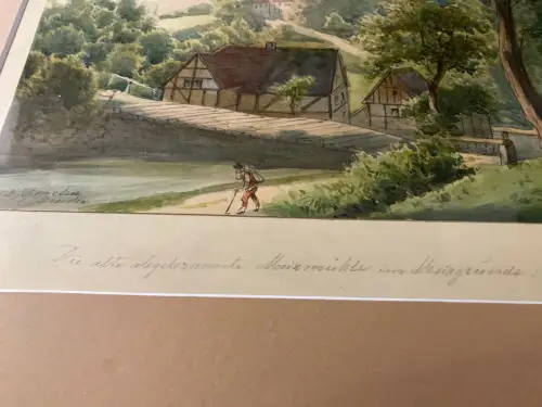 Schmelzer Aquarell über Feder" Die abgebrannte Meixmühle im Meixgrunde" um 1870