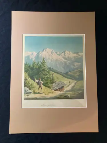 Schmelzer, Bernhard Aquarell um 1865 "Alpenglühen" signiert Landschaftsmalerei