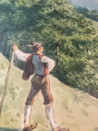 Schmelzer, Bernhard Aquarell um 1865 "Alpenglühen" signiert Landschaftsmalerei