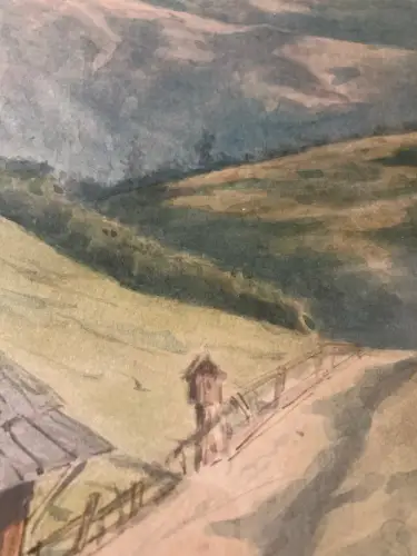 Schmelzer, Bernhard Aquarell um 1865 "Alpenglühen" signiert Landschaftsmalerei