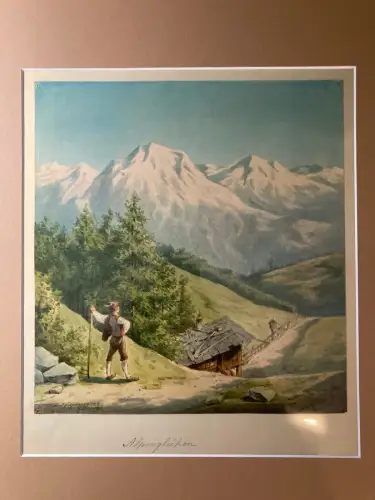 Schmelzer, Bernhard Aquarell um 1865 "Alpenglühen" signiert Landschaftsmalerei