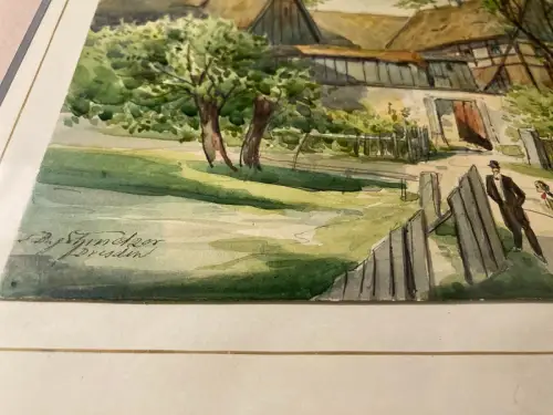 Schmelzer Aquarell über Blei/Feder ""Partie aus Lockwitz bei Dresden" um 1870