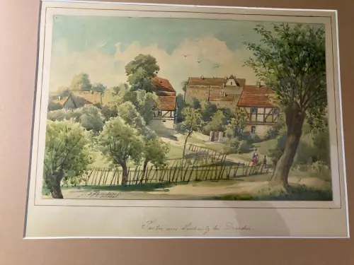 Schmelzer, Bernhard Aquarell "Partie aus Leubnitz bei Dresden"1880 Landschaft