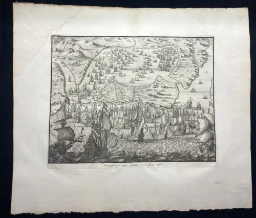 Handkolorierter Kupferstich der Seeschlacht um Cadiz im Jahr 1596