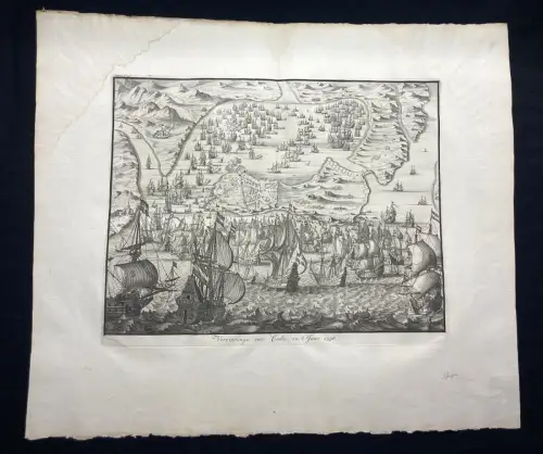 Handkolorierter Kupferstich der Seeschlacht um Cadiz im Jahr 1596