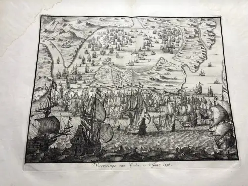 Handkolorierter Kupferstich der Seeschlacht um Cadiz im Jahr 1596