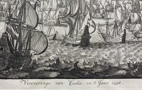Handkolorierter Kupferstich der Seeschlacht um Cadiz im Jahr 1596