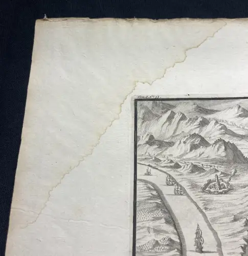 Handkolorierter Kupferstich der Seeschlacht um Cadiz im Jahr 1596