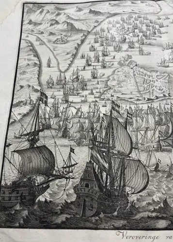 Handkolorierter Kupferstich der Seeschlacht um Cadiz im Jahr 1596