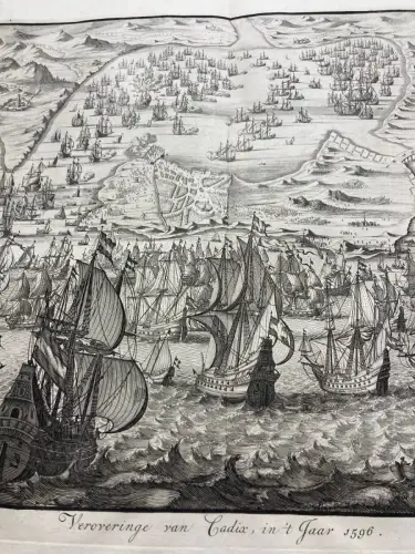 Handkolorierter Kupferstich der Seeschlacht um Cadiz im Jahr 1596