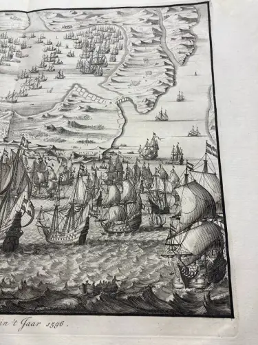 Handkolorierter Kupferstich der Seeschlacht um Cadiz im Jahr 1596