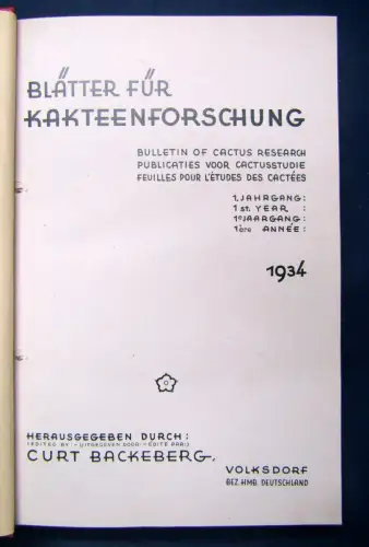 Backeberg Blätter für Kakteenforschung 1-4 Jhg 1934-37 Natur Botanik Pflanzen sf