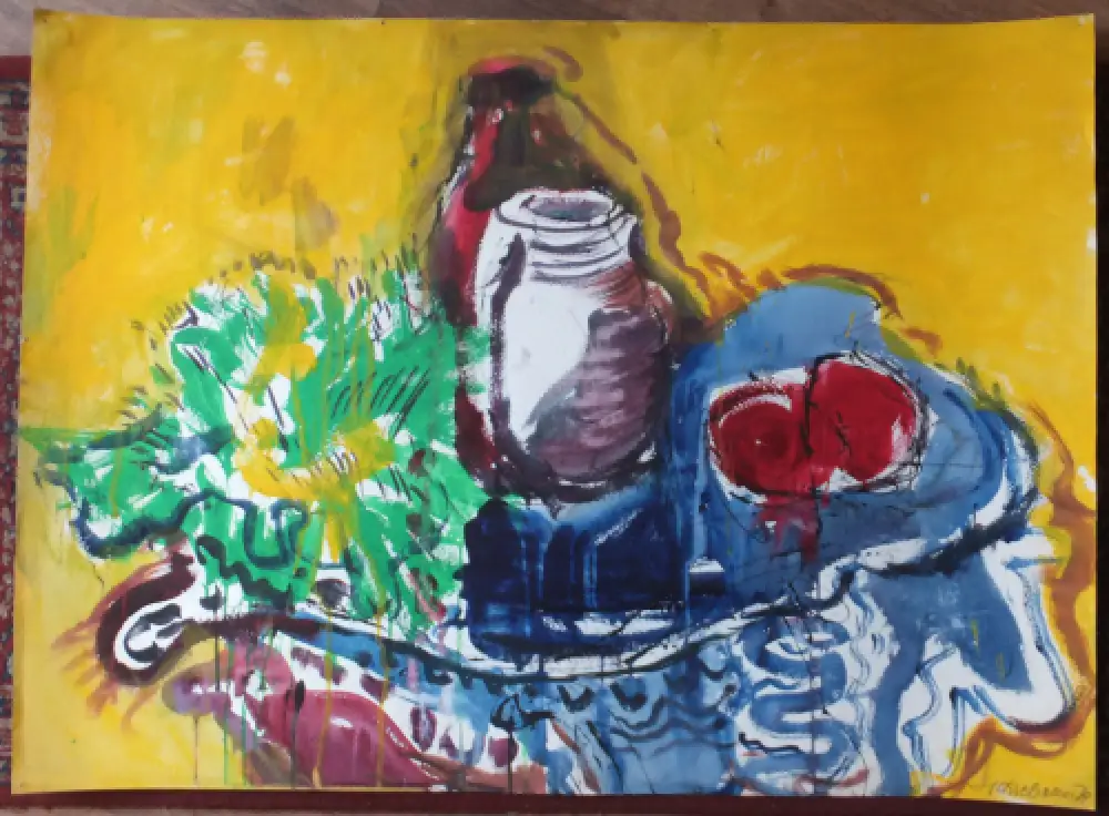 Hassebrauk, Ernst Stillleben auf Gelb Gouache 1957 Schätzpreis 100x74cm 1