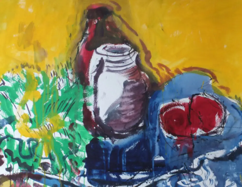Hassebrauk, Ernst Stillleben auf Gelb Gouache 1957 Schätzpreis 100x74cm 2