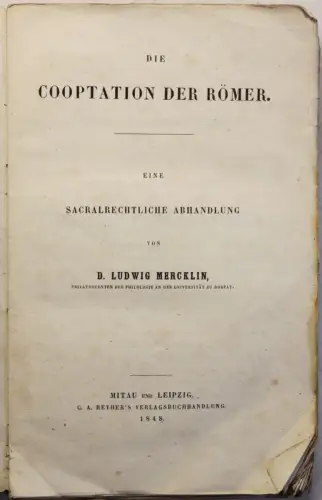 Mercklin Die Cooperation der Römer Sacralrechtliche Abhandlung 1848 Geschichte