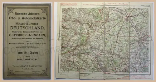 Ravenstein-Liebenows Rad- & Automobilkarte Chalons Frankreich um 1910 Landkarte