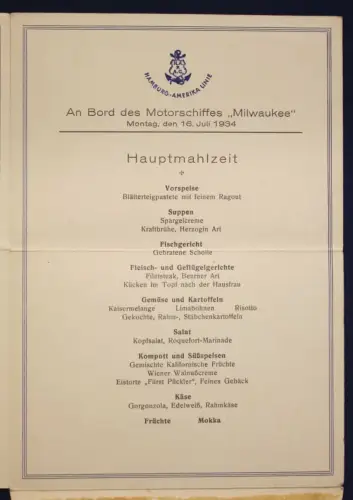 Original Speisekarte der Hamburg - Amerika Linie um 1930 Kartenbrief Seefahrt sf