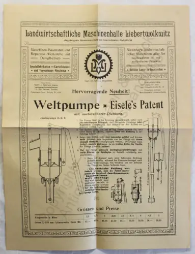 Originial Werbeblatt Landwirt. Maschinenhalle Liebertwolkwitz Pumpen Eisele 1909