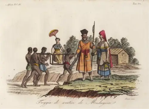 Kupferstich Afrika Madagaskar Ostafrika Kostüm 1825 Sasso handkoloriert Grafik