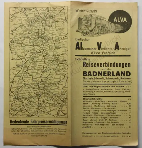 Prospekt Reklame ALVA Fahrplan Reiseverbindungen Badnerland 1932 Baden xz