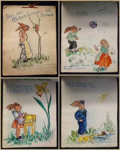 Original Wasserfarbenzeichnungen "Bei den Osterhäschen ein Besuch" 1949 sf