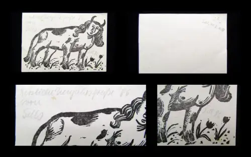 Lothar Sell Original Holzschnitt Humor Kuh mit Frauenkopf 1986 16x11 cm Kunst