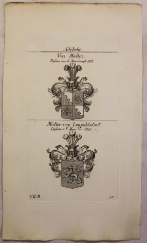Kupferstich Wappen Familie von Müller & Müller v. Leupoldsdorf 1825 Heraldik xz