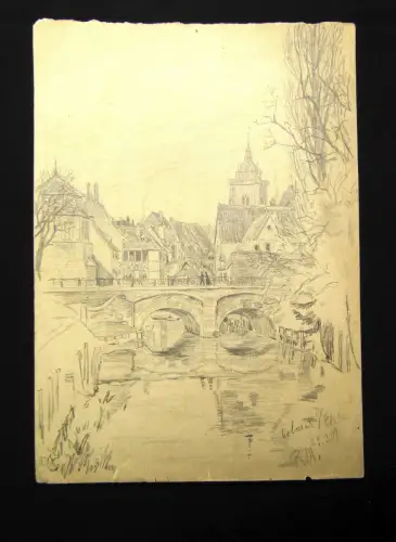 Bleistiftzeichnung Ortslandschaft Colmar im Elsass Unikat Monogramm rechts 2009