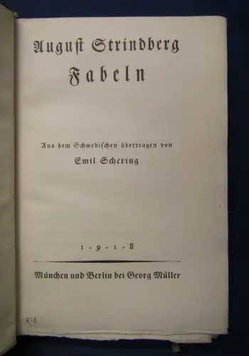 Schering August Strindberg Fabeln 1918 Gedichte Geschichten Belletristik js