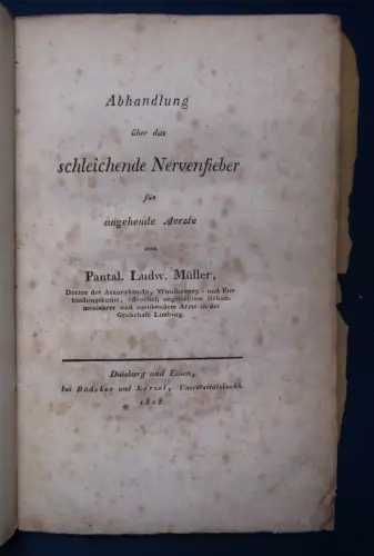 Müller Abhandlung über das schleichende Nervenfieber 1808 Medizin Typhus sf