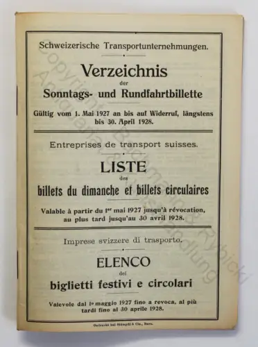 Original Prospekt Verzeichnis der Sonntags- und Rundfahrtbillette Schweiz 1927