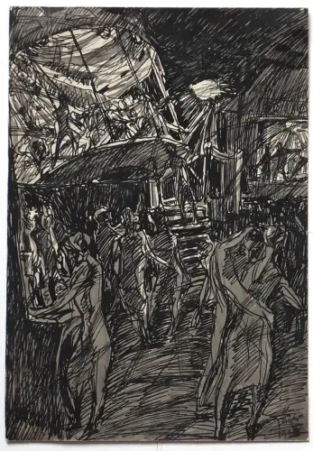 Hans Jäger Tuschezeichnung Auf dem Jahrmarkt um 1910 Grafik 003 AA Kunst