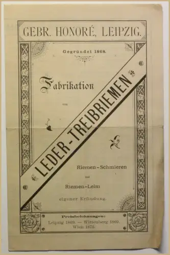 Orig. Prospekt Fabrikation von Leder-Treibriemen um 1870 Technik Geschichte sf